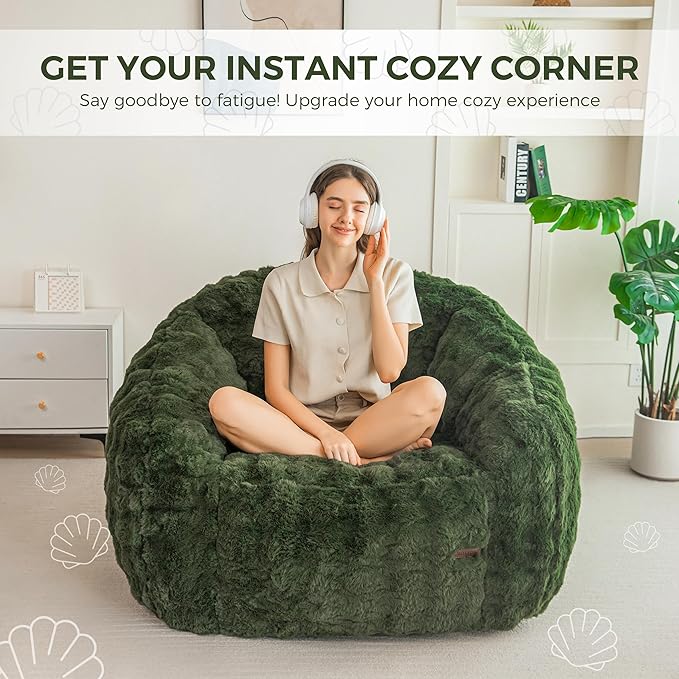 MAXYOYO Giant Bean Bag Chair for Adults, Stuffed Shell-Shaped Large Bean Bag Couch, Cozy Living Room Chair with Filler, Floor Sofa Lazy Sofa for Bedroom Living Room, Green