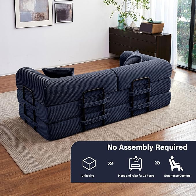 79" 5-in-1 Folding Convertible Sofa Bed, Oversized Corduroy Futon Floor Couch with Pull-Out Sleeper, Modular Boneless Loveseat for Small Spaces, Living Room, Bedroom (Dark Blue)