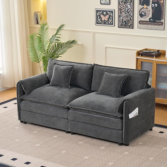 RENDGO Modular Sectional Sofa Sets,2 Pieces Chenille Sectional Loveseat Sofas,Deep Seat Comfort,4-Seater Comfy Couch for Living Rooms & Apartment, Guest Rooms,Grey