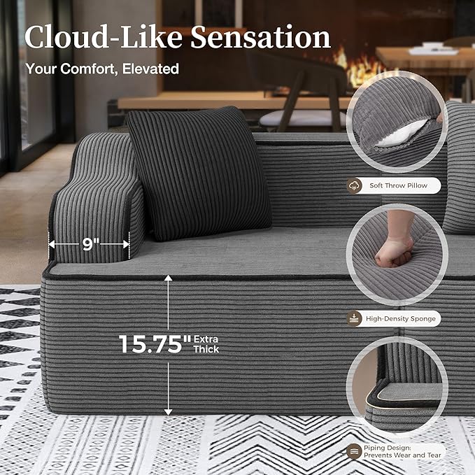 SUNSHINE VALLEY L Shaped Boneless Modular Cloud Couch, 133.5'' Oversized Corduroy Sectional Sofa for Living Room, 5-Seat Upholstered Modern Couch with Deep Seat, No Assembly Required, Grey