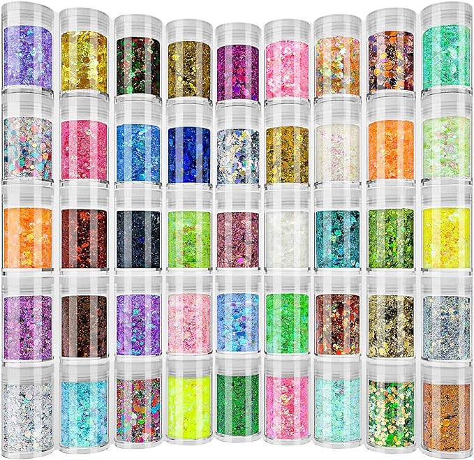 Holographic Chunky and Fine Glitter Mix, 45 Colors Craft Glitter for Epoxy Resin Arts, Iridescent Nail Glitter, Cosmetic E...