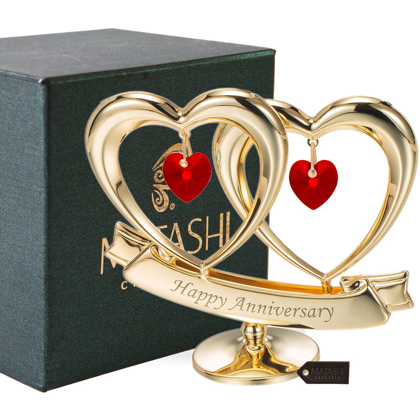 Matashi 24K Gold Plated "Happy Anniversary" Double Heart Table Top Ornament With Red-Cut Crystals