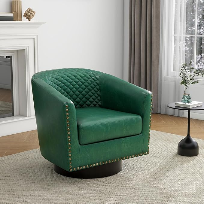 UIXE Swivel Accent Chair, PU Leather Barrel Club Chair for Living Room, Upholstered Armchair Comfy Single Sofa Bedroom Reading Seat - Green