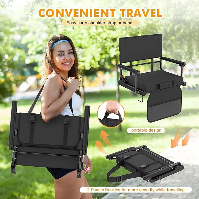 Stadium Seats for Bleachers with Back Support, 600 Lbs Rated with Lightweight Soft Comfort Cushion, Stadium Seating for Bleachers with Adjustable Back Support and Shoulder Strap (Black)