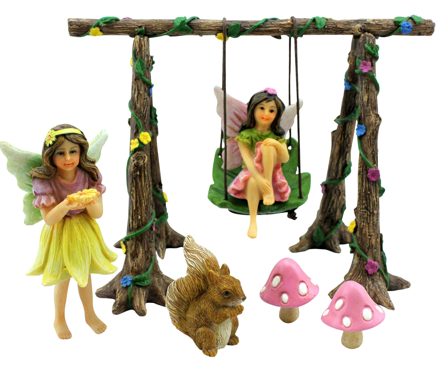 PRETMANNS Fairy Garden Accessories Starter Kit with Figurines, Swing Set, Squirrel & 2 Mushrooms – Ideal for Indoor Outdoor Miniature Garden – 6 Hand-Painted Resin Items