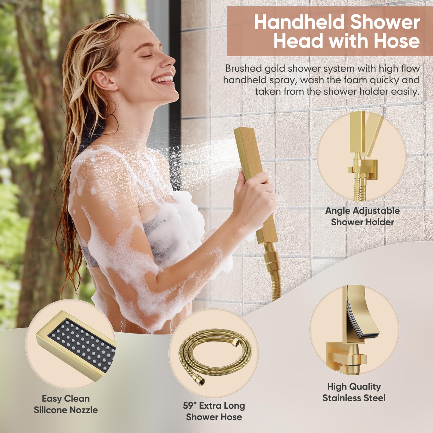 Kurpot Brushed Gold Shower System, All Metal Gold Shower Faucet Set with Tub Spout, 10'' Gold Shower Head with Handheld, 59'' Shower Hose, Shower Valve and Diverter, Wall Mounted Bath Tub Faucet Set