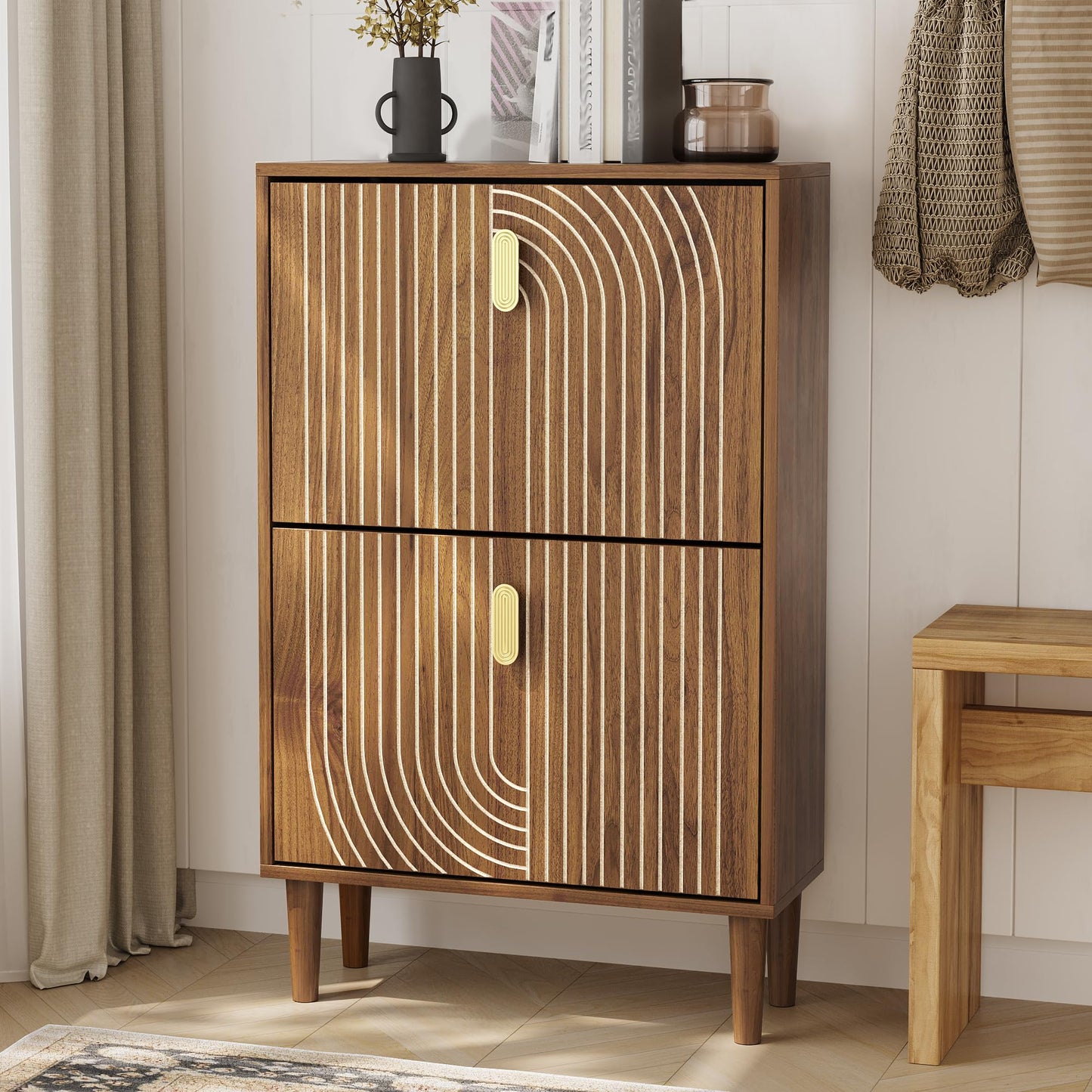Morwdxef Shoe Storage Cabinet with 2 Flip Drawers, 23.6"(W) Freestanding Shoe Organizer with Metal Handles for Entryway, Narrow Shoe Rack Cabinet