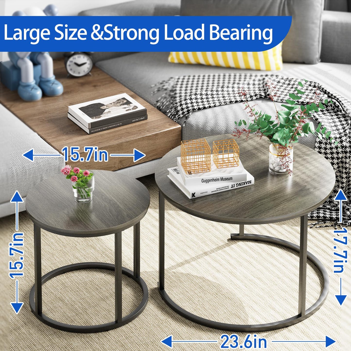 VILAWLENCE Nesting Coffee Table Set of 2, Modern Round Side Table End Tables for Living Room Bedroom Balcony,Grey Wooden Stacking Accent Coffee Tables with Metal Frame