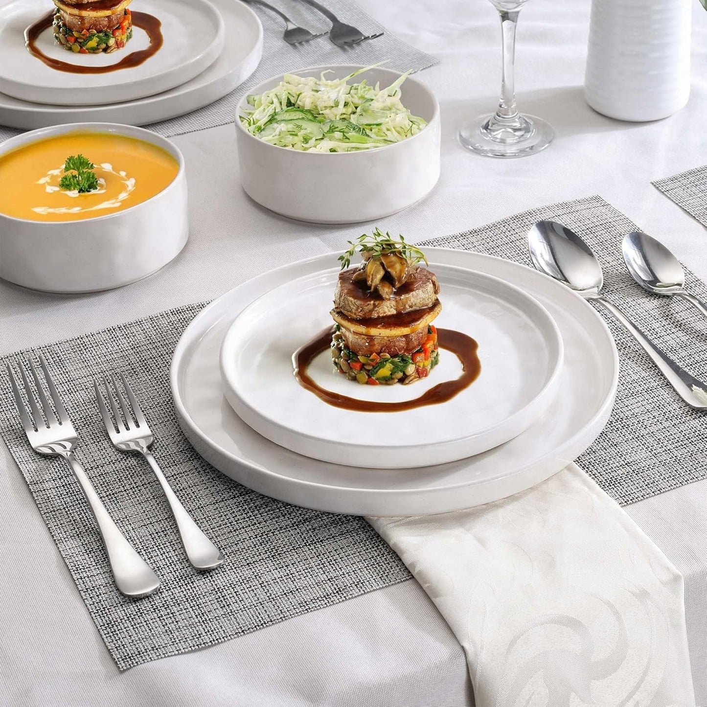 Porcelain Dinnerware Sets for 6, 24pcs High-sided Plates and Bowls Set, White Chip and Scratch Resistant Dinner Set - Dishwasher & Microwave Safe Dinging Dishes Set, QOMO-1996