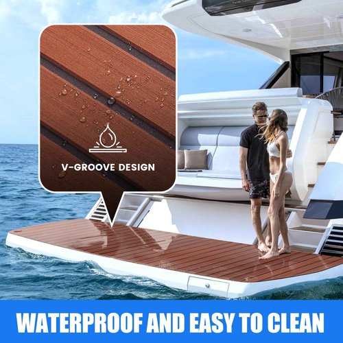 Fullfire EVA Foam Boat Flooring with 3M Self-Adhesive Backing, Marine Decking Faux Teak Deck Sheet for Jon Boats Pontoon Boat Yacht RV Jet Ski Kayak Floor, Dack Brown and Black 94" x 23.5"