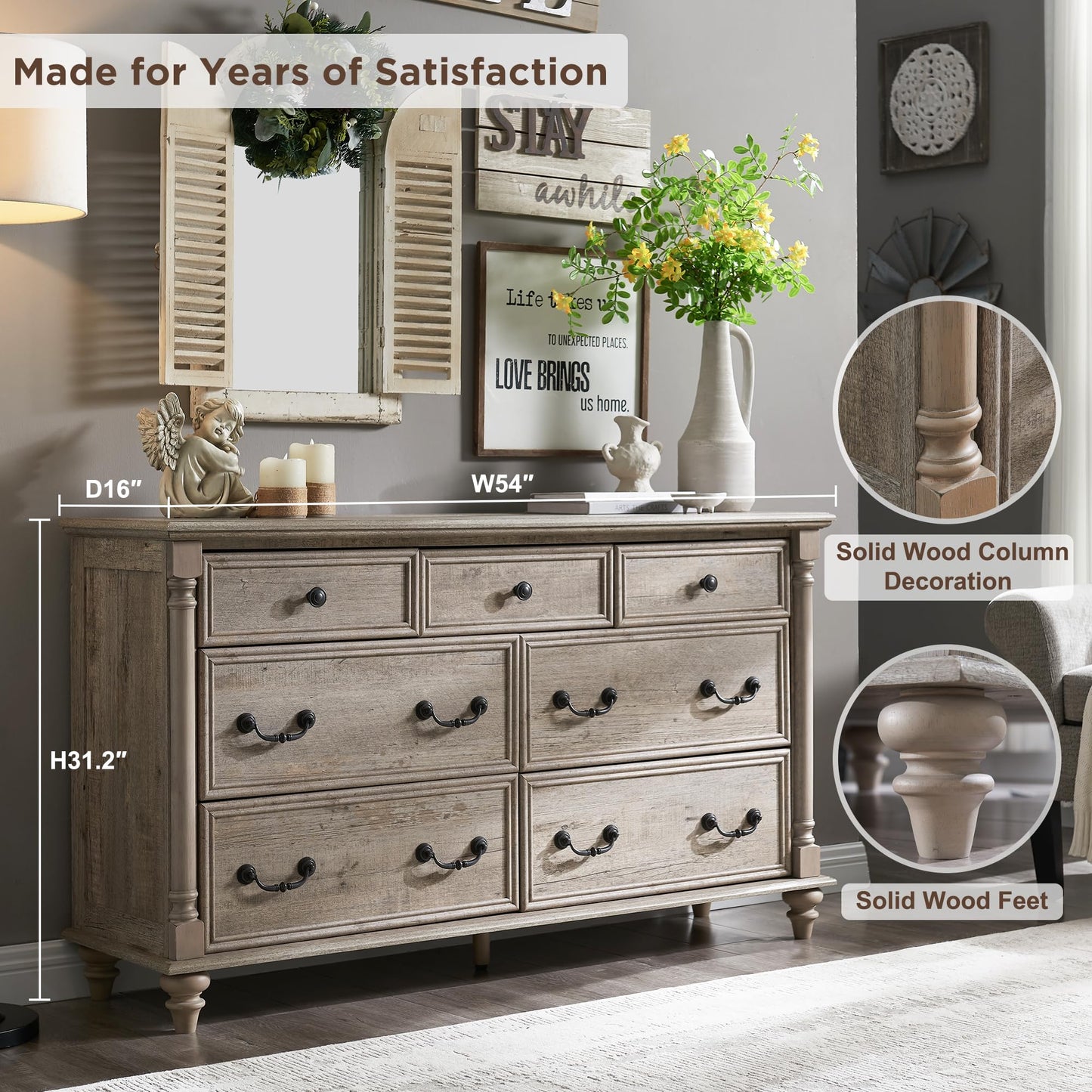 T4TREAM Farmhouse 7 Drawers Dresser Chests for Bedroom w/ 4 Solid Wood Feet & Column Decor, Tall Wide Wood Country Rustic Chest of Drawers, Storage Dressers for Bedroom, Living Room, Light Rustic Oak