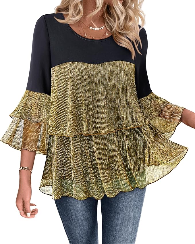 Bebonnie Womens Dressy Sparkly Peplum Tops 3/4 Sleeve Ruffles Elegant Evening Flowy Blouses