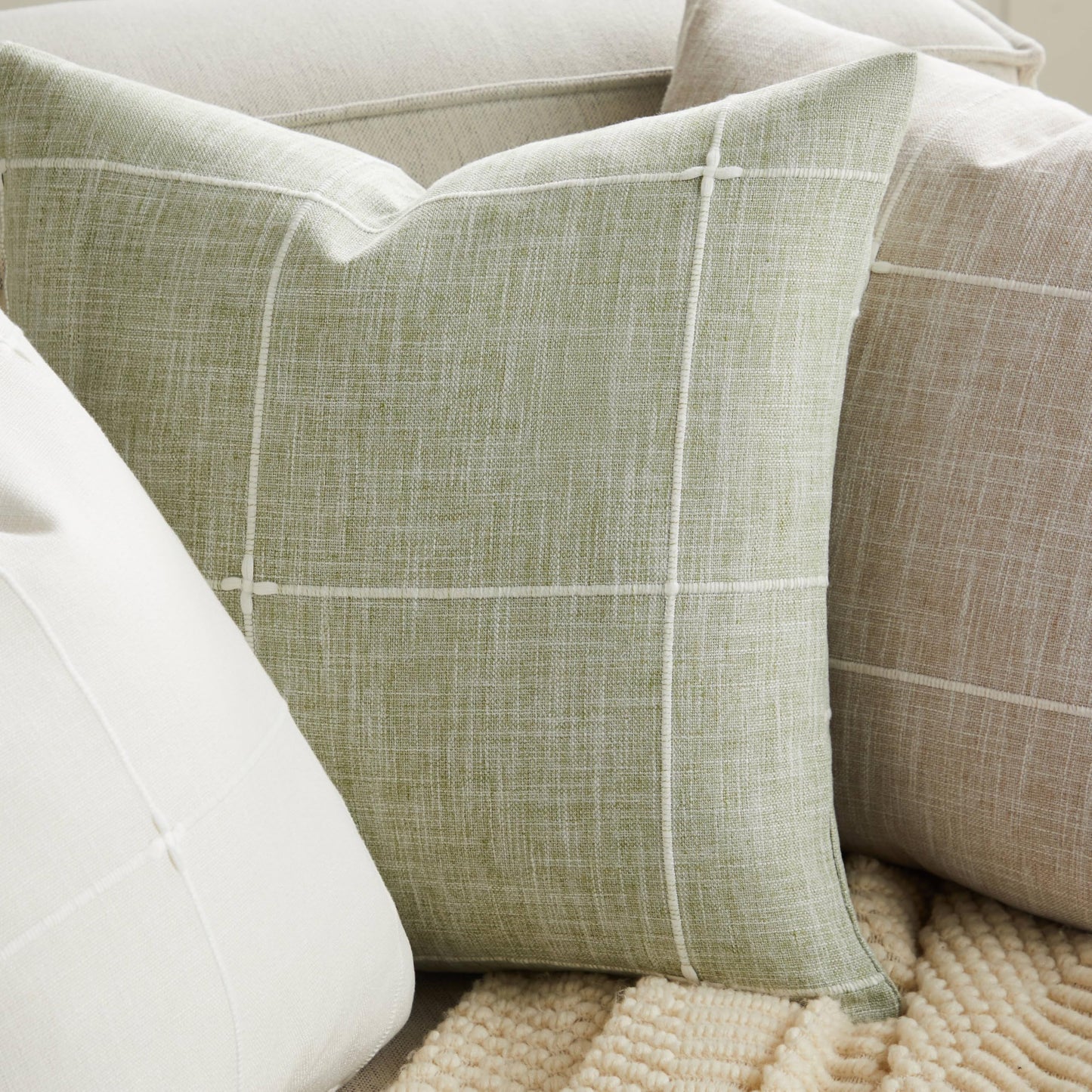 YZJZEDS 2 Packs Grid Embroidery Throw Pillow Covers, 20x20 Inch Green, Farmhouse Cotton Linen Decorative Sage Green Cushion Covers for Sofa Bed Living Room Home Decor