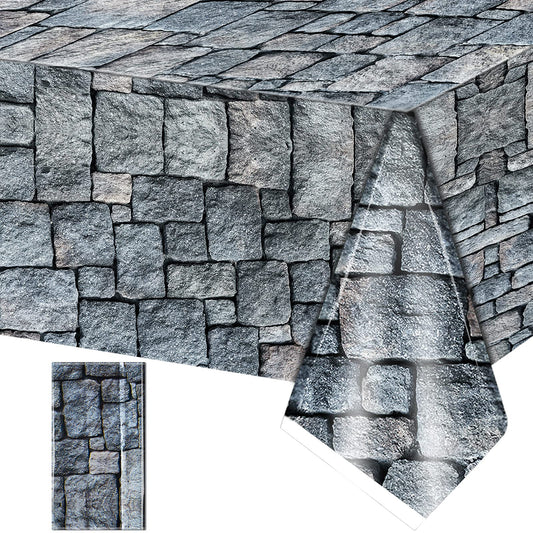 1 Pack Cobblestone Tablecloth Stone Printed Table Cover Medieval Table Decoration Plastic Tablecloth Stone Brick Tablecovers for Medieval Castle Knight Themed Party Supplies, 4.3 x 7.2 Feet