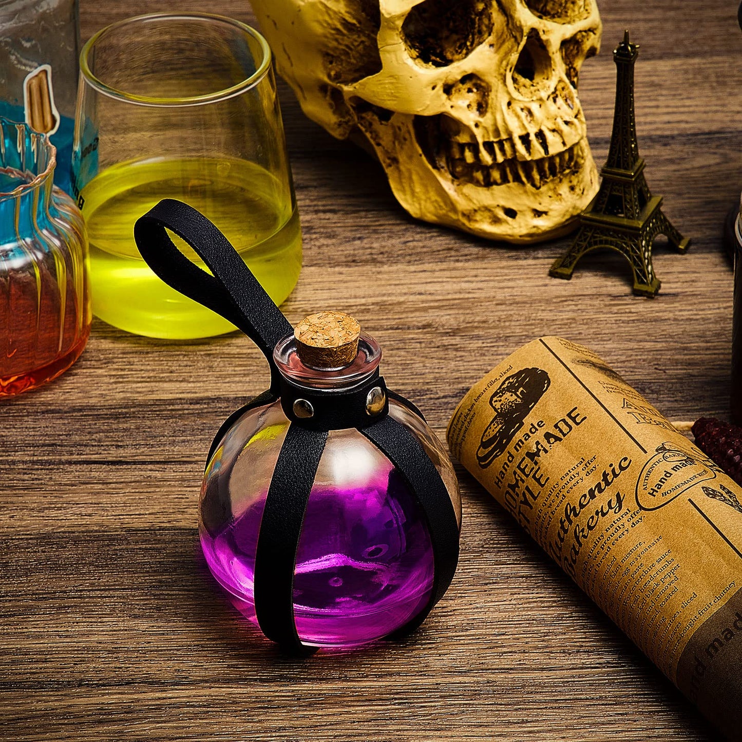 Patelai 2 Pcs Glass Potion Bottles Belt with Cork Renaissance Witch Costume Accessories Witch Props Spherical Potion Bottle for Cosplay Party DIY Crafts Halloween Decoration(Black)
