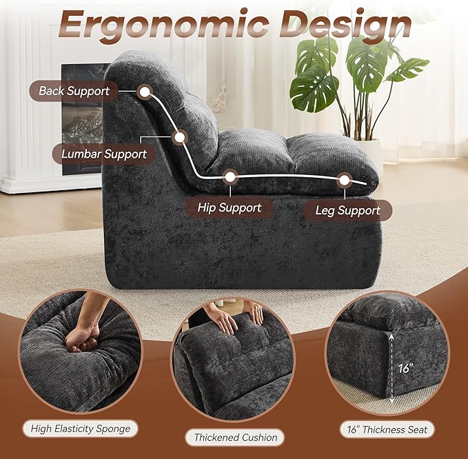 WUTUTUEE Boneless Cloud Armless Floor Sofa, Comfy Double-Layer Chenille Bean Bag Chair with High Density Memory Foam, No Assembly Togo Sofa for Living Room Bedroom (Grey)
