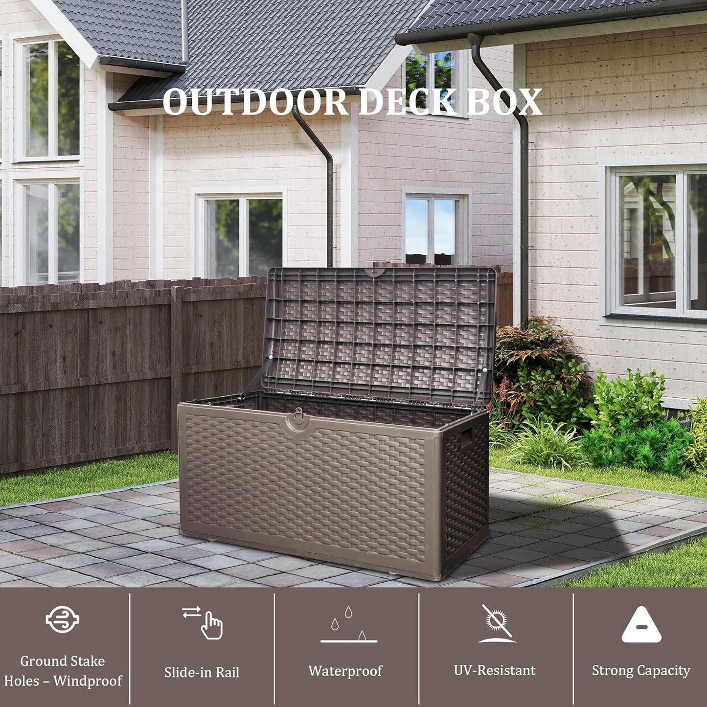 180 Gallon Lockable Deck Box, Waterproof & UV-Resistant Outdoor Storage for Patio Cushions, Heavy Duty Resin Deck Storage Container, Coffee