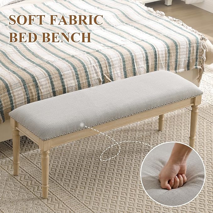 DM Furniture 46'' French Country Entryway Bench Wooden Linen Fabric Upholstered Seat Dinng Bench with Nailhead Trim for Hallway End of Bed, Grey