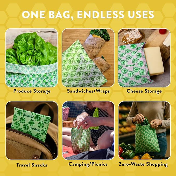 Beeswax Wrap Storage Bag by BeeBAGZ | Reusable Food Storage Bags, Pack of 3, Plastic Free Biodegradable Food Wrap Alternative, Lunch Pack, 2 Small + 1 Medium, (Green)