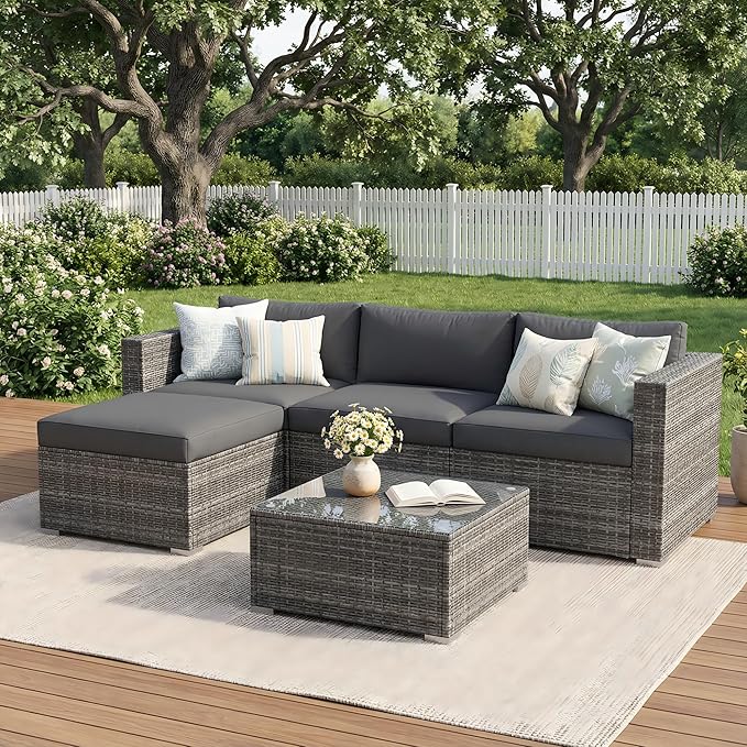 May in Color Outdoor Patio Furniture Set, Rattan Outdoor Sectional Furniture, Patio Conversation Sets for Balcony, Porch, Backyard, Deck, Garden, Dark Grey