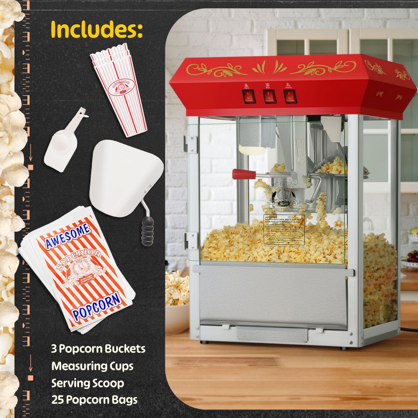 Movie Night Popcorn Machine - 3-Gallon Antique Popper with Cart, 8oz Kettle, Old Maids Drawer, Warming Tray, and Scoop by Great Northern Popcorn (Red)