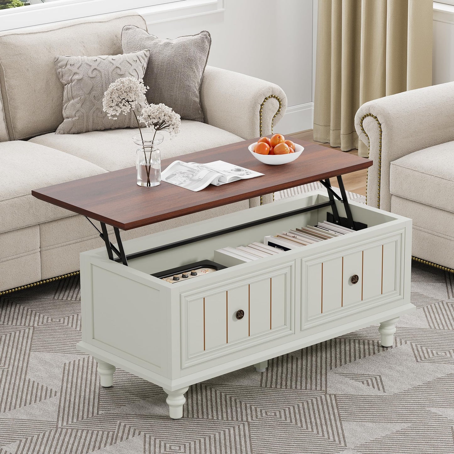MAHYIZYI 39" Lift Top Coffee Table for Hidden Compartment, Wood Coffee Tables with Shelf, Farmhouse Rectangular Center Table Dining Table for Living Room Home Office Small Space (Beige)