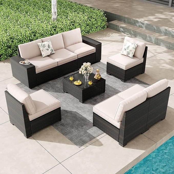 SunloungeCo Patio Furniture Set, 8 Pieces Outdoor Couch Sofa with Wider Armrests & Glass Coffee Table, Outdoor Sectional Furniture with Thick Cushions for Party, Poolside,Garden-Beige