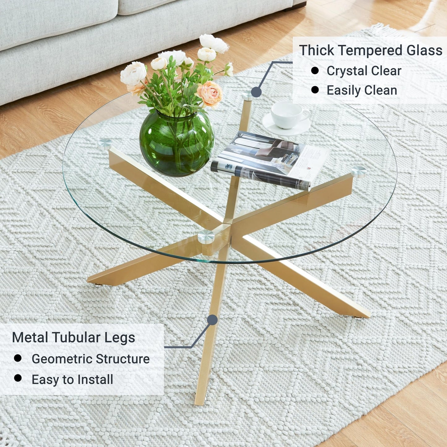 Gold & Round Glass Coffee Tables for Living Room, Home Office, Modern & Simple Center Table with Clear Tempered Glass Top, 35.5" Wx19.7 H
