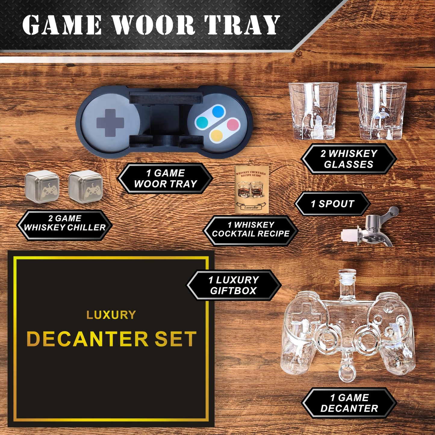 Game Whiskey Decanter Set,28oz Whiskey Decanter Sets for Men with Spout IceCube Tray,Liquor Dispenser Whiskey Gifts for Men Bourbon Gifts for Men Gamer Gifts for Boyfriend Gifts For Him Husband Dad