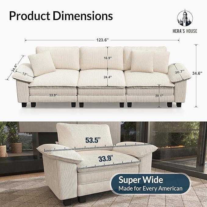 HERA'S HOUSE 124" Modular Sectional Sofa, Oversized Couches for Living Room, Comfy Cloud Couch 3-Seater Deep Seat Sofa with Throw Pillow, Corduroy Beige