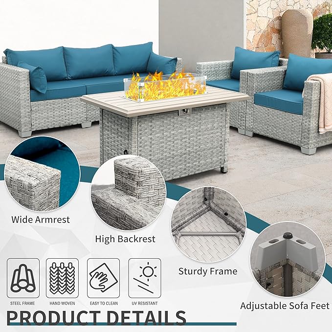 WAROOM Patio Furniture Set 4 Piece Wicker Conversation Sets PE Rattan Chair Outdoor Couch Sectional Sofa with Fire Pit Table, Peacock Blue Cushion