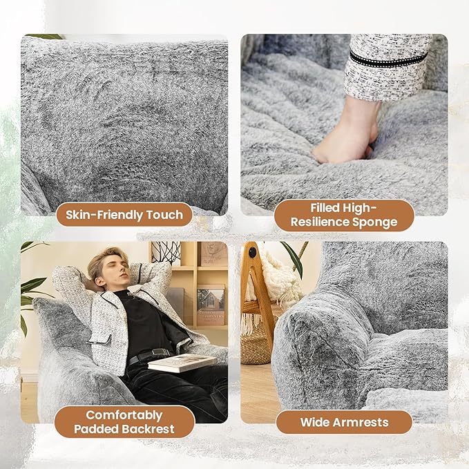 Cvortll Bean Bag Chair with Ottoman, Armrest Bean Bag Chairs with Filler, Ultra Soft Fluffy Faux Fur Bean Bag Chair with Foot Rest, Plush Lazy Sofa with Foot Stool for Living Room, Dorm