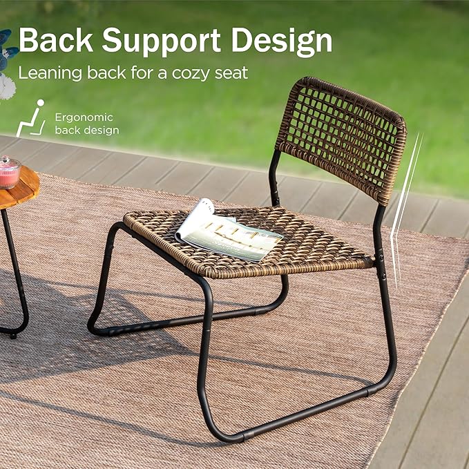 PHI VILLA 3 Pieces Outdoor Wicker Bistro Set for 2, Stackable Rattan Chairs & Acacia Wood Round End Table, Small Teak Conversation Furniture Set for Patio, Deck, Yard, Porch, Balcony
