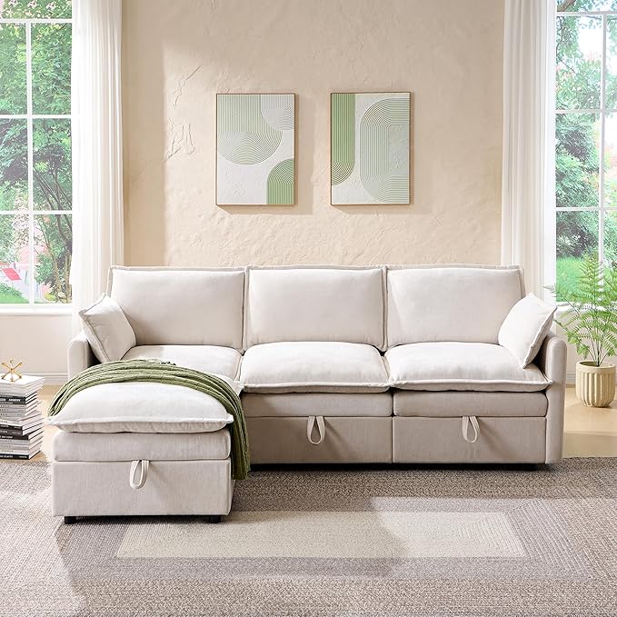 85.83" Sectional Couches for Living Room, Cloud Couch Sectional with Large Storage Ottoman, L-Shape Modular Sectional Sofa with 5 Seater Chenille Sofa and Pillow for Apartment, Bedroom, Beige