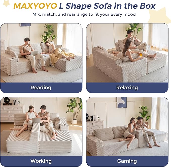 MAXYOYO 104" Modular Sectional Couch with L-Shape Chaise, Modern Boneless Couch for Living Room, Sofa in A Box, Oversized Sofa Sleeper with Deep Seat, No Assembly Required, Grayish Beige