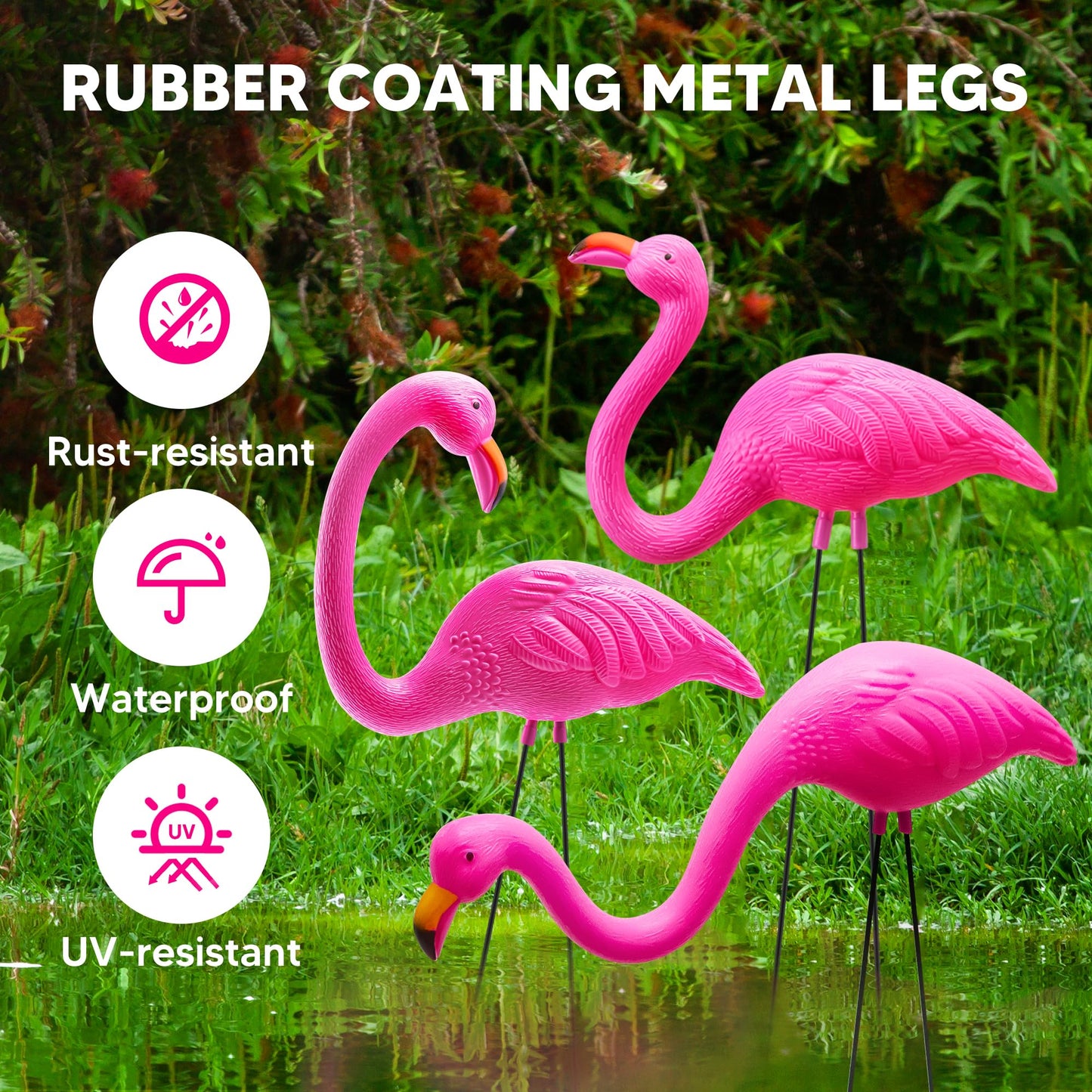 JOYIN 3 Pack Large Pink Flamingo Yard Decorations, Medium Plastic Lawn Flamingo Ornament Stakes with Rubber Coating Metal Legs for Yard, Garden, Luau Party Gift (11in x 20in)