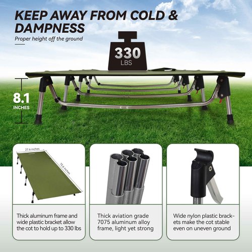 MARCHWAY Lightweight Folding Tent Camping Cot Bed with Lever Lock, Easy Setup Portable Compact for Outdoor Travel, Hunting, Hiking, Motorcycling, Support 330Lbs (Army Green)