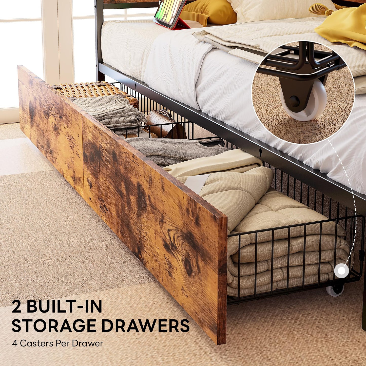 LIKIMIO Twin Daybed with Storage Drawers and Charging Station, Corner Bed Frames with Headboard and LED Lights, Industrial Brown