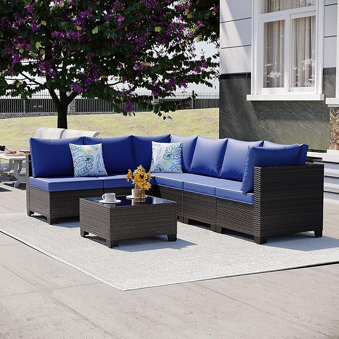 Ophelian 7 Pieces Outdoor Conversation Sectional Rattan Sofa, Patio Furniture Set, with Wicker and Cushions for Garden and Backyard, (Brown/Deep Blue)