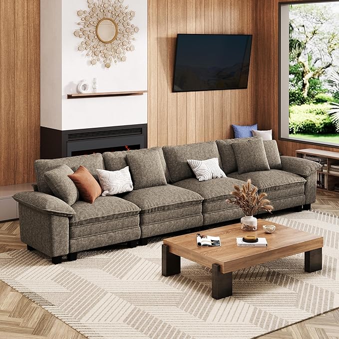 MIXPATIO 157.5" Cloud Modular Sectional Sofa, 4-Seater w/Deep Seat & Removable Arms, Plush Chenille for Living Room - Smoky Gray