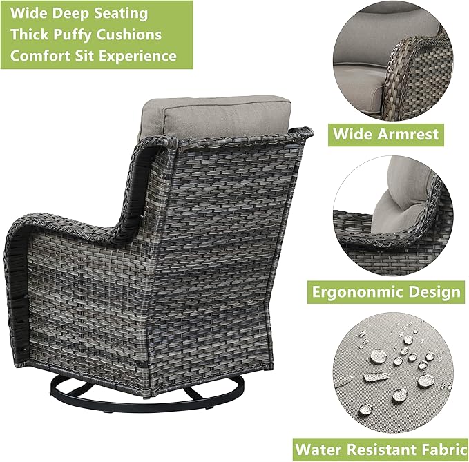 Rilyson Wicker Rocking Chair Swivel Chairs - 3 Piece Rocker Patio Furniture Set Rattan Rocking Bistro Sets with Glass Top Side Table for Outdoor Porch Deck Garden Backyard (Mixed Grey/Grey/Smile)