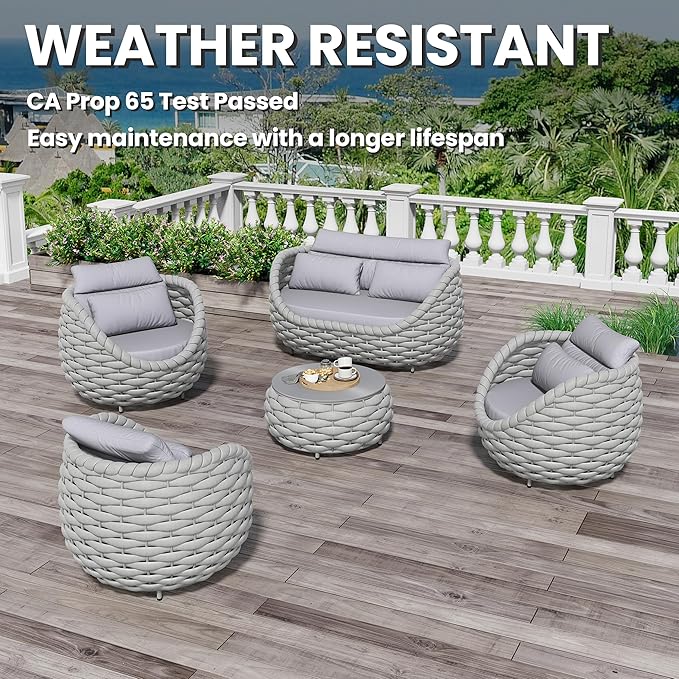 Erotr Fully Assembled Patio Furniture Set: 5 Pieces Woven Rope Outdoor Conversation Set Cushioned - Modern Metal Deck Loveseat Chair Table Set - Porch Seating for Yard Garden Pool Hotel Resort, Grey