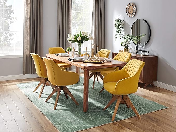 Art Leon Dining Chair, Mid Century Modern Fabric Upholstered Swivel Dining Room Chair with Wood Legs, Leisure Side Chair with Arms for Living Room, Yellow