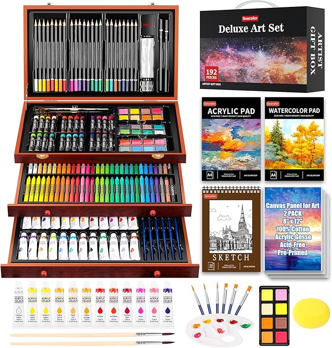 Soucolor Art Supplies, 192-Pack Deluxe Art Set Drawing Painting Supplies Kit with Acrylic Pad, Watercolor Pad, Sketch Boo...