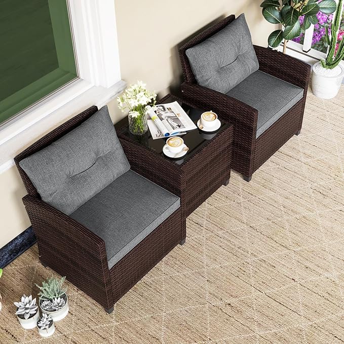 RELAX4LIFE 3-Piece Patio Furniture Set - Wicker Bistro Conversation Set w/2 Cushioned Armchairs & Glass Topped Table, Outdoor Rattan Sofa for Porch Balcony Poolside (Grey)