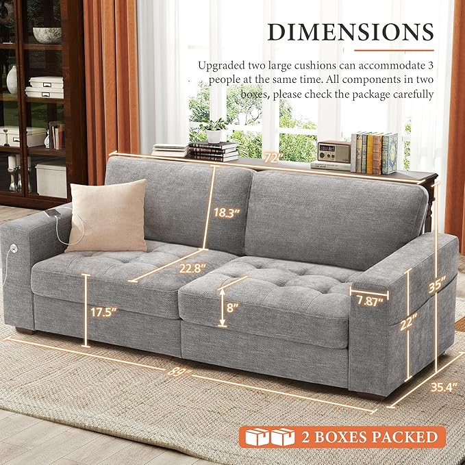 Ihanherry 89" Modern Sofa Cloud Couch, Chenille Deep Seat Sofa with Removable Cover for Living Room, Bedroom and Apartment, Grey