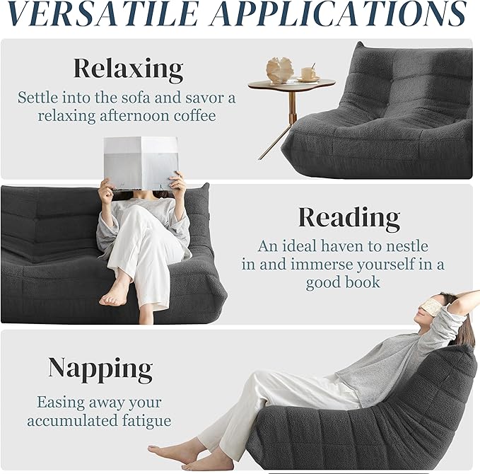 Bean Bag Chair, Loveseat Fireside Chair Bean Bag Sofa for Adults, 2 Seater Bean Bag Chairs for Teens with High-Resilience Foam, Memory Foam Bean Bag for Living Room, Bedroom, Office (Teddy, Dark Gray)