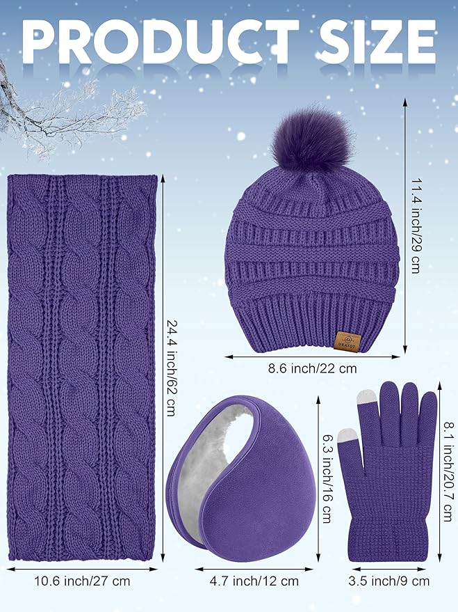 URATOT 4-In-1 Winter Warm Sets Knitted Scarf Touch Screen Gloves Beanie Pompom Hat and Winter Ear Warmer for Men or Women