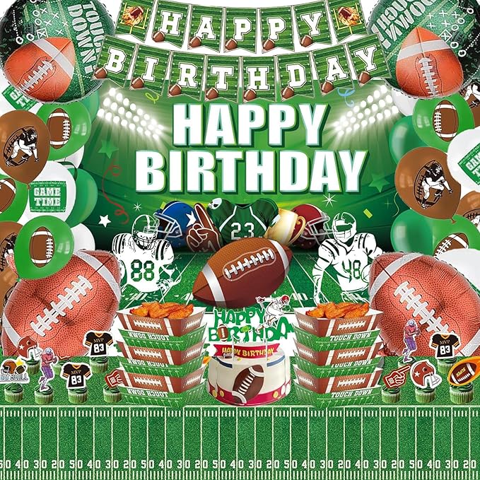 YIGZAG Football Birthday Party Decorations with Balloons Banner Cupcake Toppers Tablecloth & Backdrop and Paper Food Tray ...