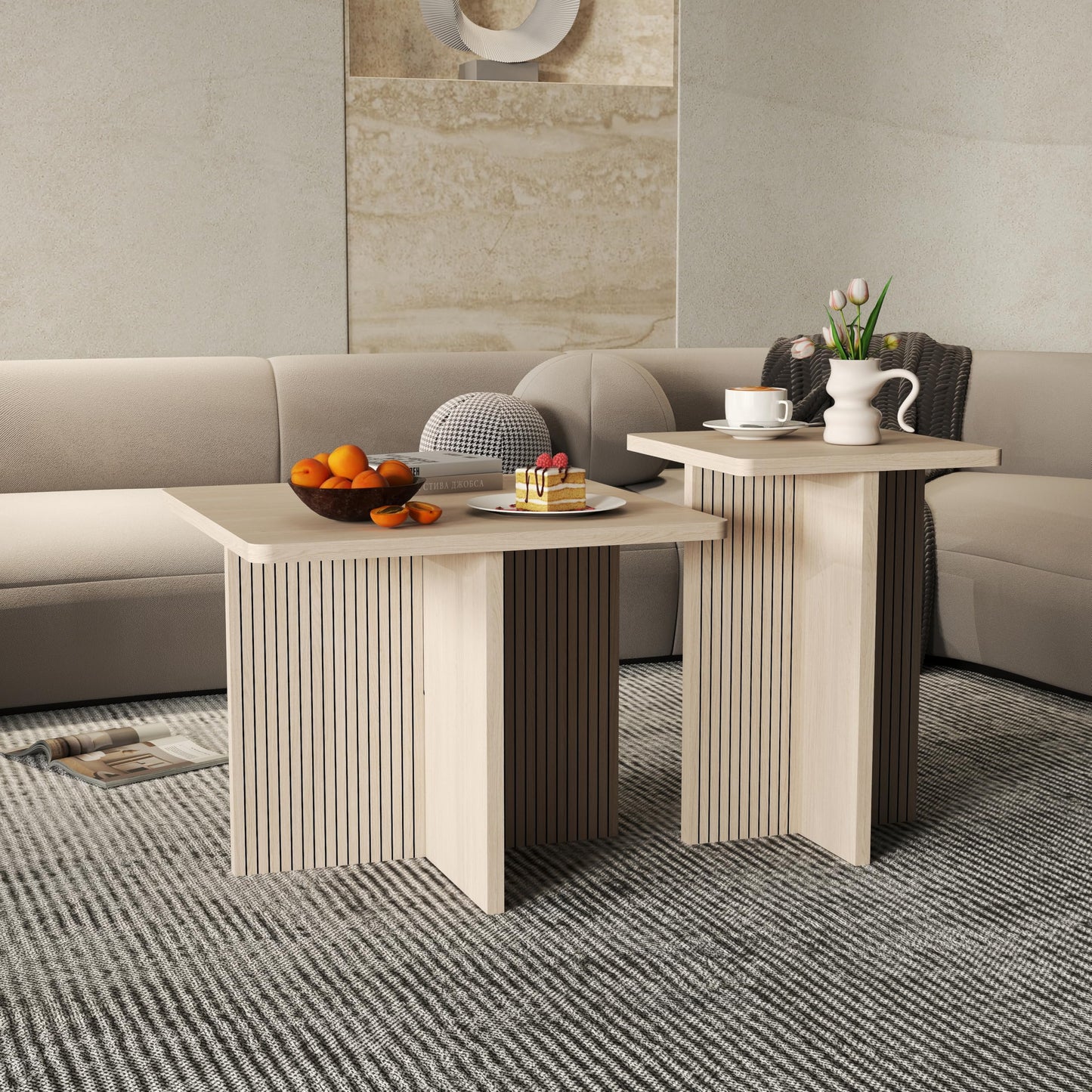 Oak Coffee Tables for Living Room: End Tables Set of 2 for Modern Small Side Spaces, Wooden Square Center Nesting Pieces with Fluted Wood Details (Oak)